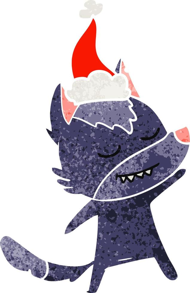 simpatico cartone animato retrò di un lupo che indossa il cappello di Babbo Natale vettore