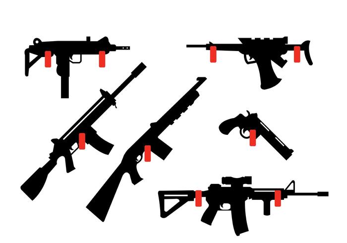 Collezione di fucili e armi appesa al muro vettore