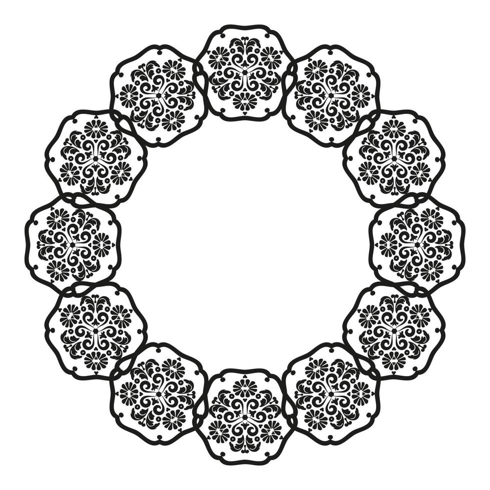 cornice mandala.per la progettazione di cornici, menu, partecipazioni di nozze o etichette, per il taglio laser, la creazione di motivi in legno, intarsi. grafica digitale. bianco e nero. vettore