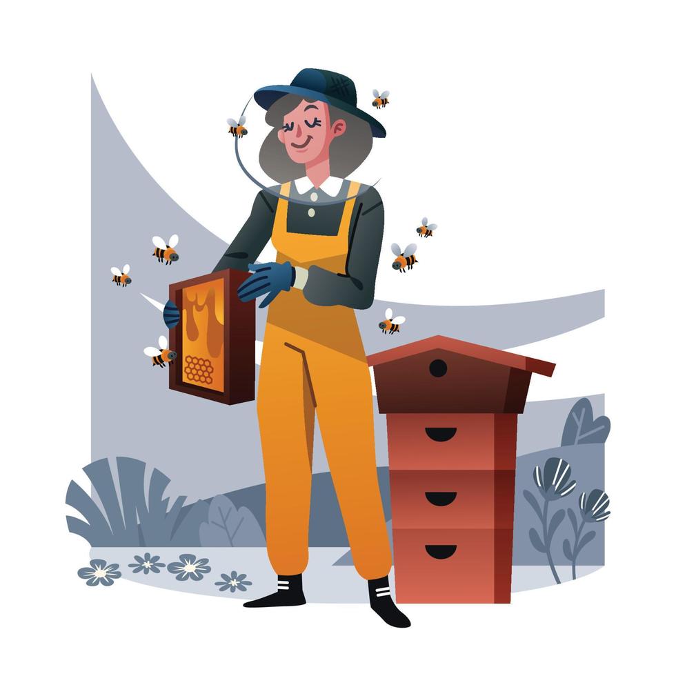 un apicoltore sta raccogliendo il miele da un alveare vettore