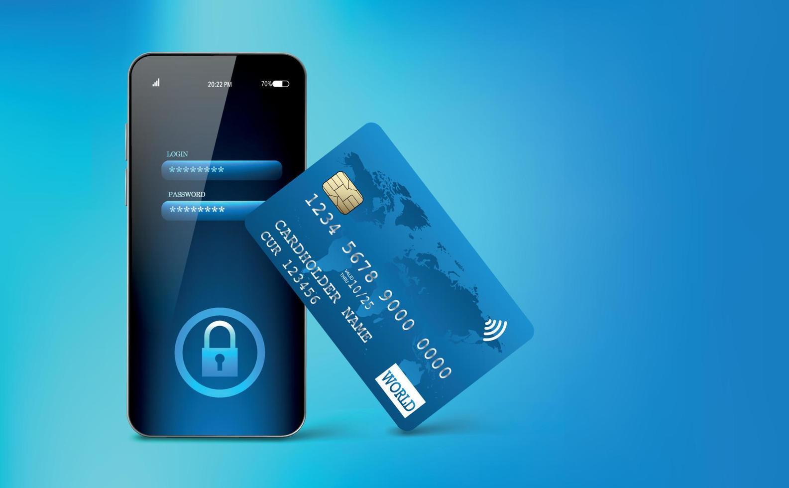 carta di credito, smartphone con interfaccia login e password. acquisti sicuri, pagamenti sicuri, concetti di transazione sicuri. sfondo blu sfumato. illustrazione vettoriale