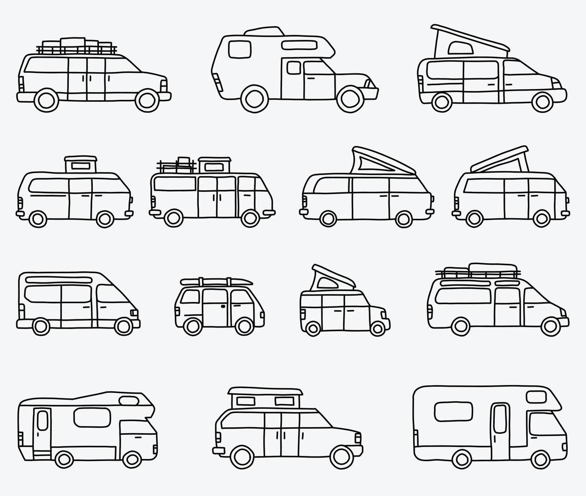 auto da campeggio e veicolo ricreativo doodle collezione di disegni a mano libera. vettore