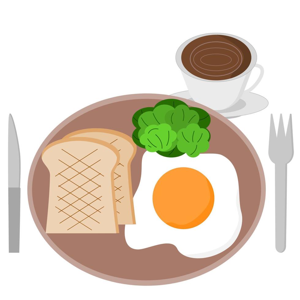 illustratore vettore di una serie di colazione con uova, pane, verdura, una tazza di caffè