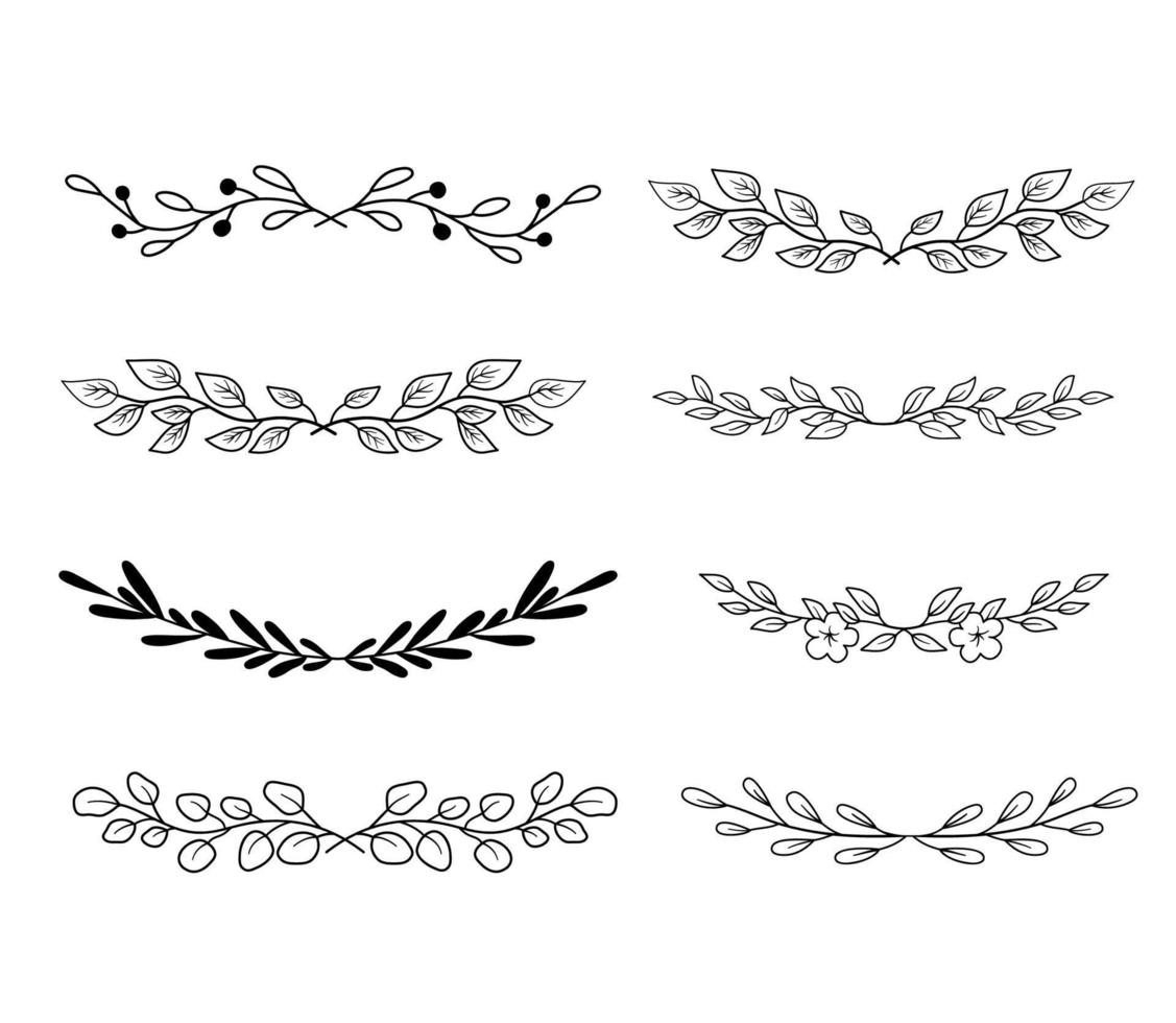 set di rametti con foglie. raccolta di bordi diversi con foglie sui rami in stile contorno. linea arte vettoriale isolata su bianco