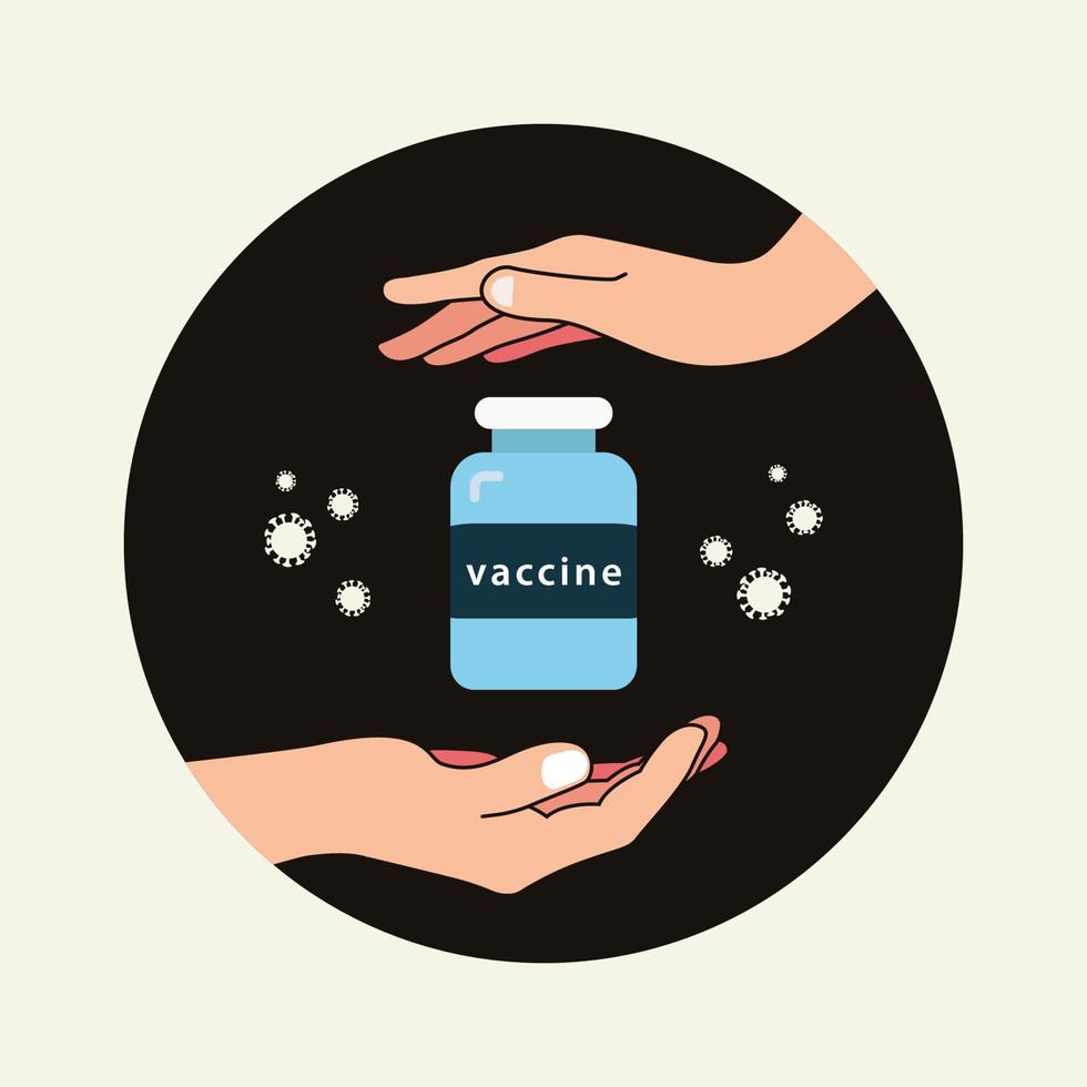 vaccino sulla bottiglia e illustrazione vettoriale delle mani
