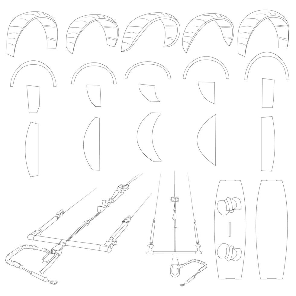 kiteboard o kitesurf. illustrazione dettagliata di attrezzature sportive. varietà di aquiloni. vettore