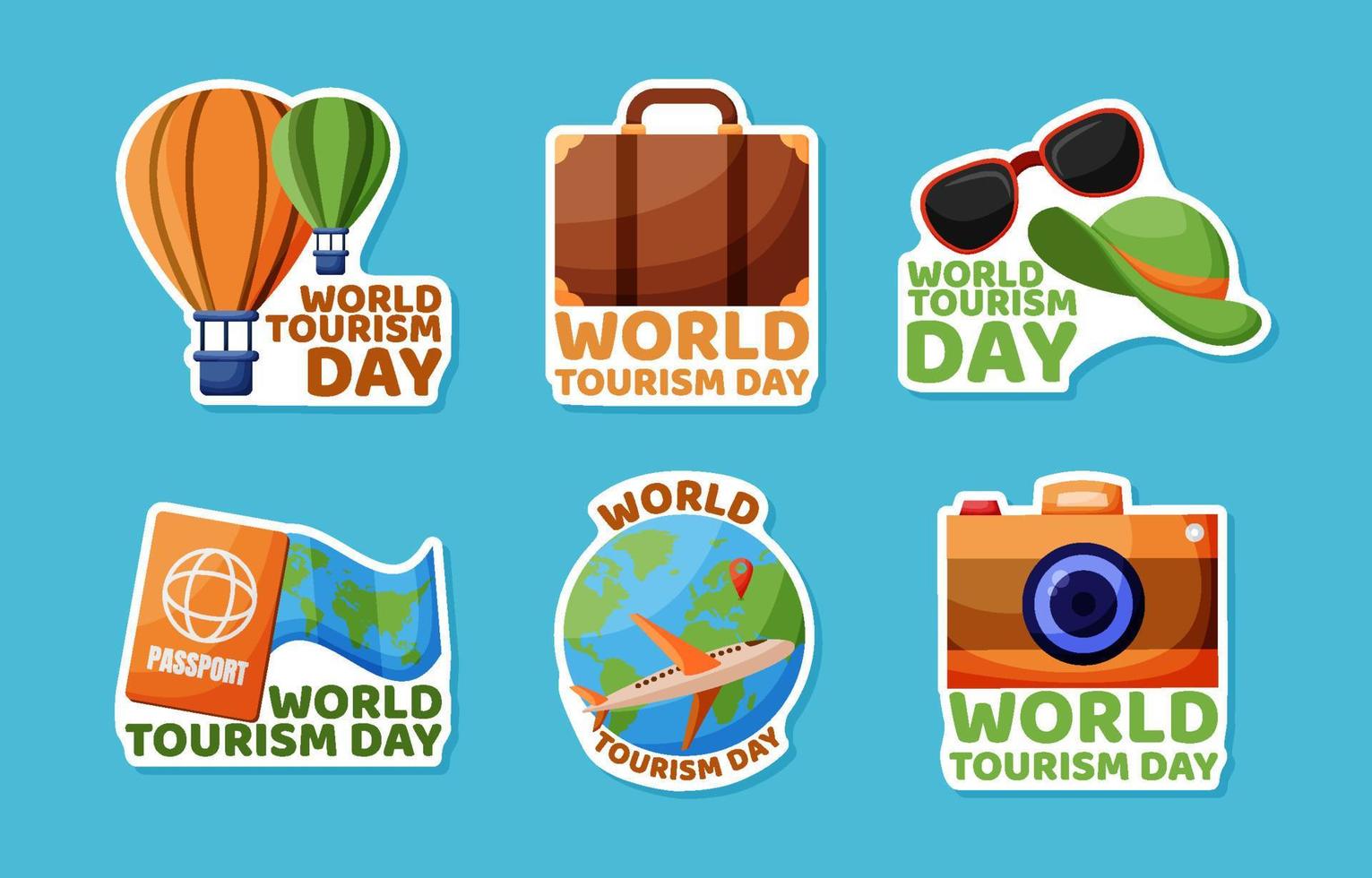 set di adesivi per la giornata mondiale del turismo vettore