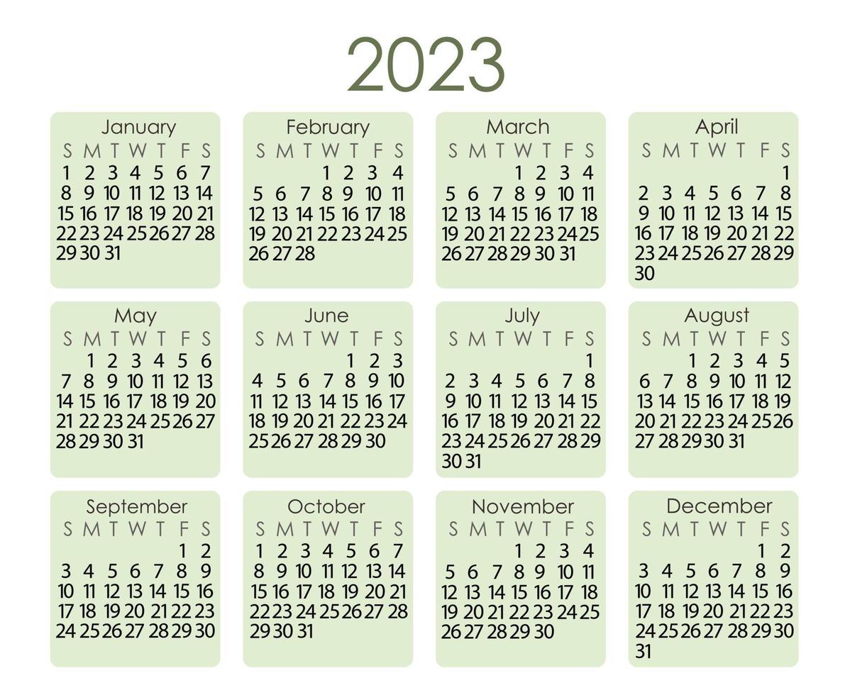 modello di calendario per l'anno 2023 in semplice stile minimalista, forme quadrate astratte colorate verde chiaro sullo sfondo, settimana inizia domenica, pagina stampabile vettoriale