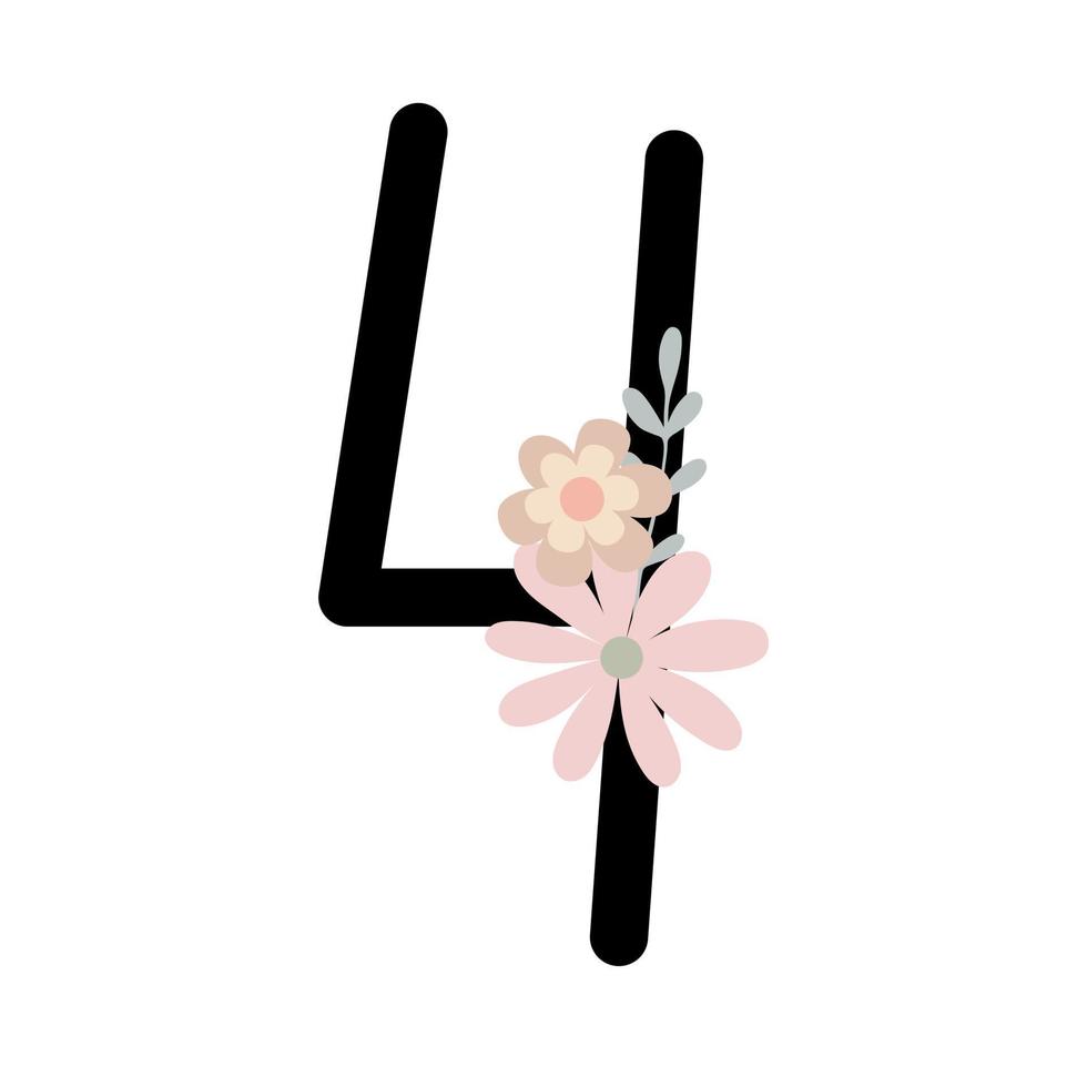 numero quattro decorato con fiori, illustrazione vettoriale monogramma floreale in semplice stile boho, collezione di lettere decorative color pastello piatto