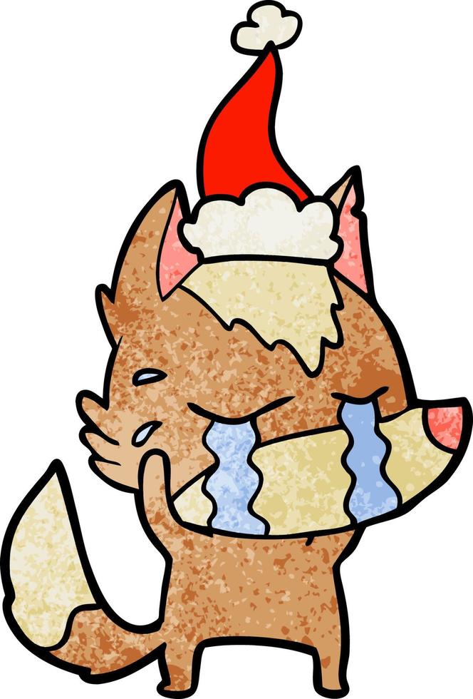 cartone animato strutturato di un lupo piangente che indossa il cappello di Babbo Natale vettore