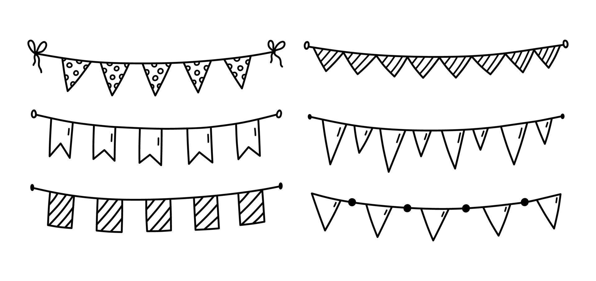 set di graziosi festoni per una festa isolata su sfondo bianco. illustrazione disegnata a mano di vettore in stile doodle. perfetto per i disegni delle vacanze, carte, decorazioni, logo.