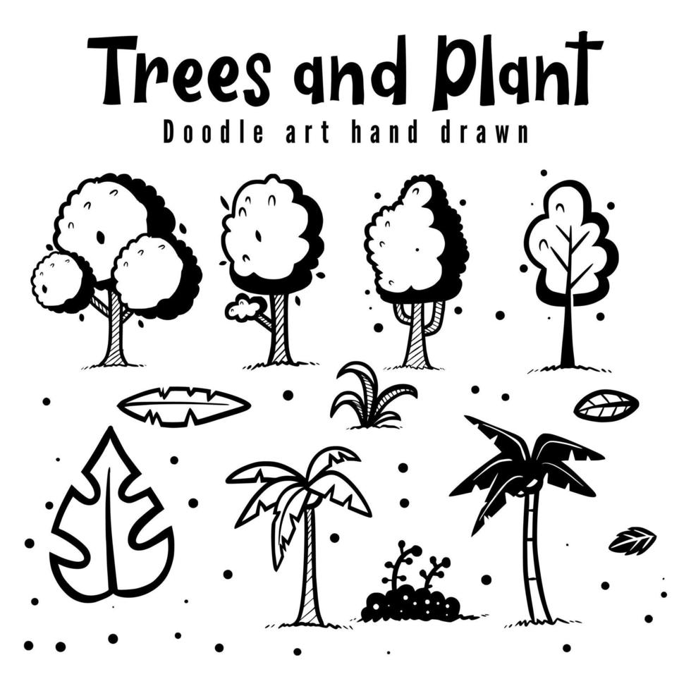 alberi e piante doodle art disegnati a mano, bundle collezione estiva vettore