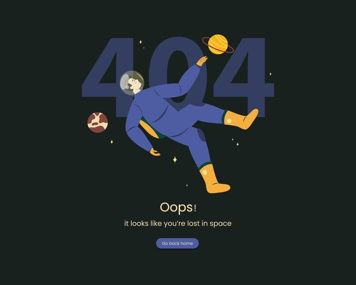 illustrazione dell'astronauta nello spazio per errore 404 del sito web. pagina non trovata testo. modello carino con pianeta, stelle per poster, banner o pagina del sito web. vettore