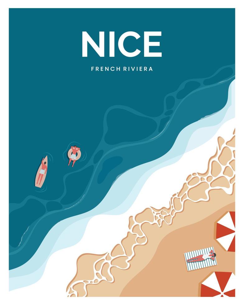 bel poster sulla spiaggia della riviera francese. persone in vacanza che nuotano e prendono il sole sulla spiaggia. illustrazione vettoriale paesaggio con stile minimalista.