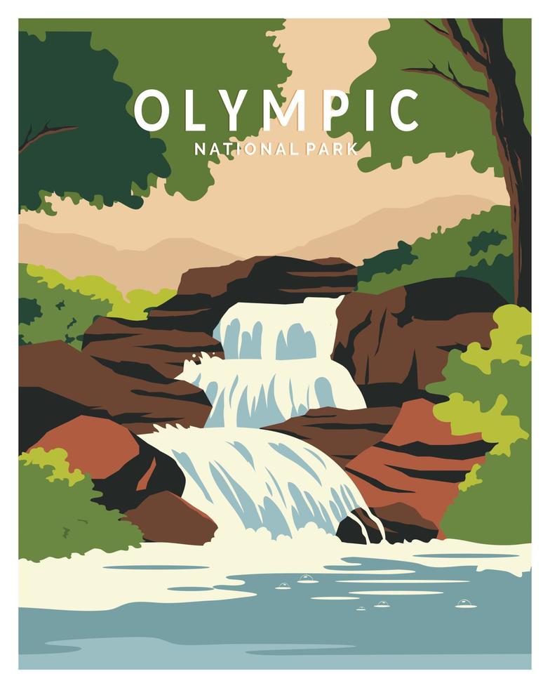 Fondo dell'illustrazione di vettore della cascata del parco nazionale olimpico. recarsi nello stato di Washington. illustrazione vettoriale con stile minimalista, per poster, cartolina.
