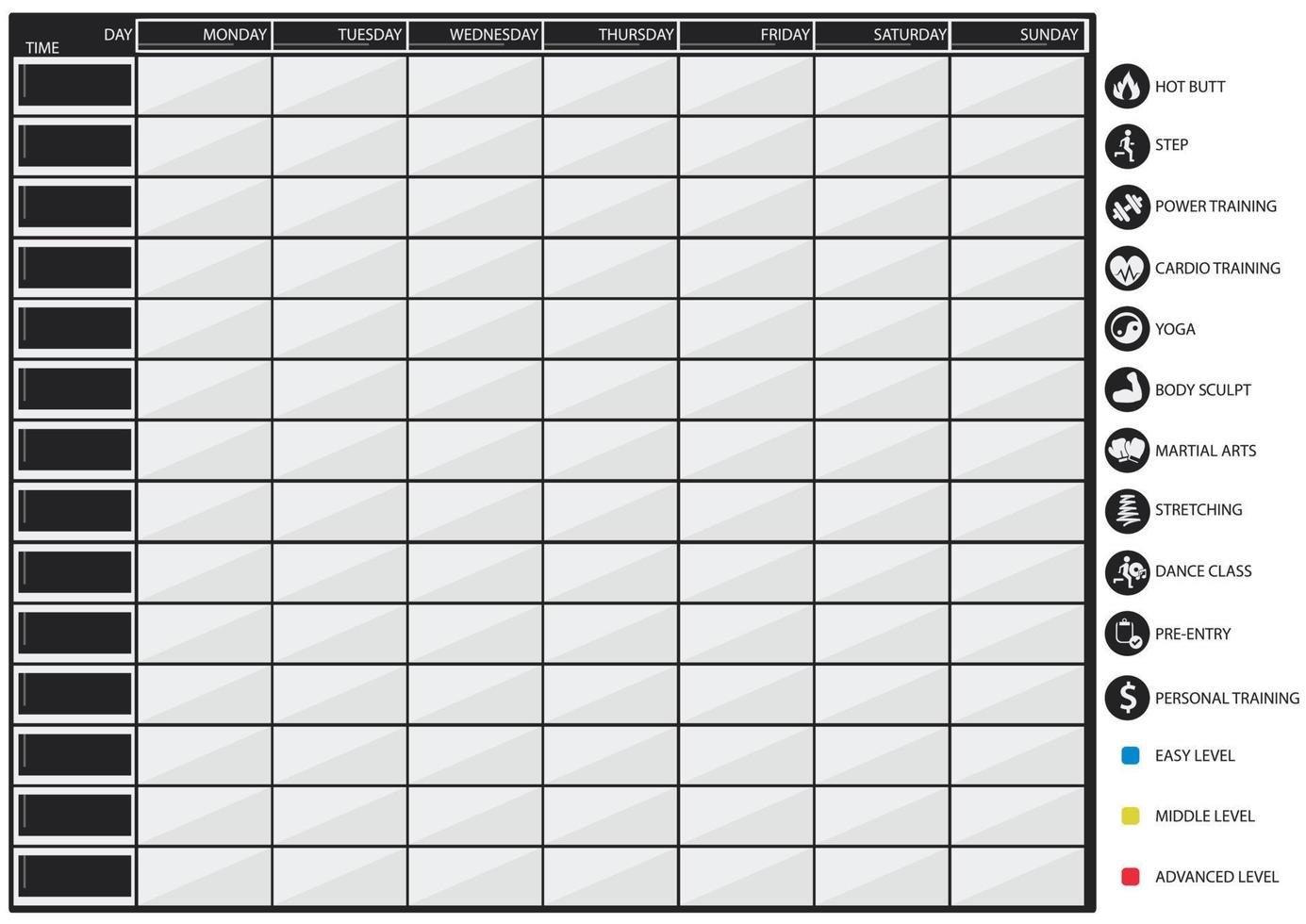 una tabella per la programmazione nelle palestre e nelle società sportive con icone per allenamenti e livelli di difficoltà. preparazione per la pianificazione di allenamenti per una settimana per personal trainer. set di icone sportive. vettore