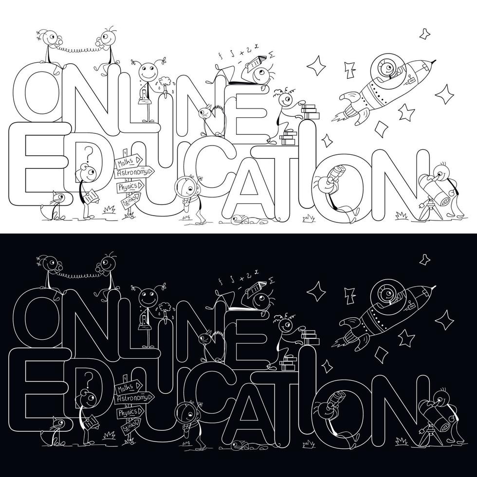 istruzione in linea. illustrazione in bianco e nero per l'istruzione con piccoli uomini in diversi campi di studio. adatto per creare sfondi, colorare, banner, volantini e pagine web. vettore