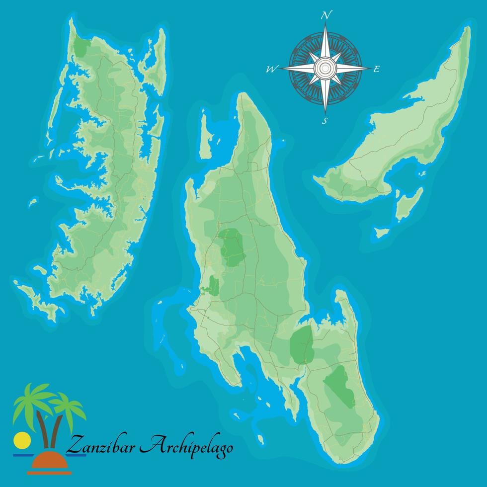 arcipelago di zanzibar. illustrazione realistica delle isole isola di unguja, isola di pemba, isola mafiosa, regione semiautonoma della tanzania. carta stradale. vettore