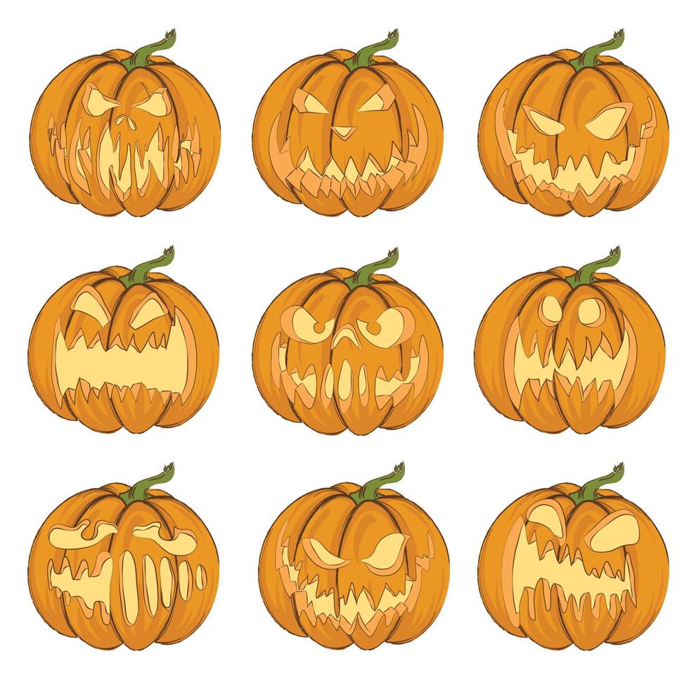 Halloween. illustrazione vettoriale di jack-o'-lantern per carte, banner, adesivi, volantini. set colorato di zucche su sfondo bianco.