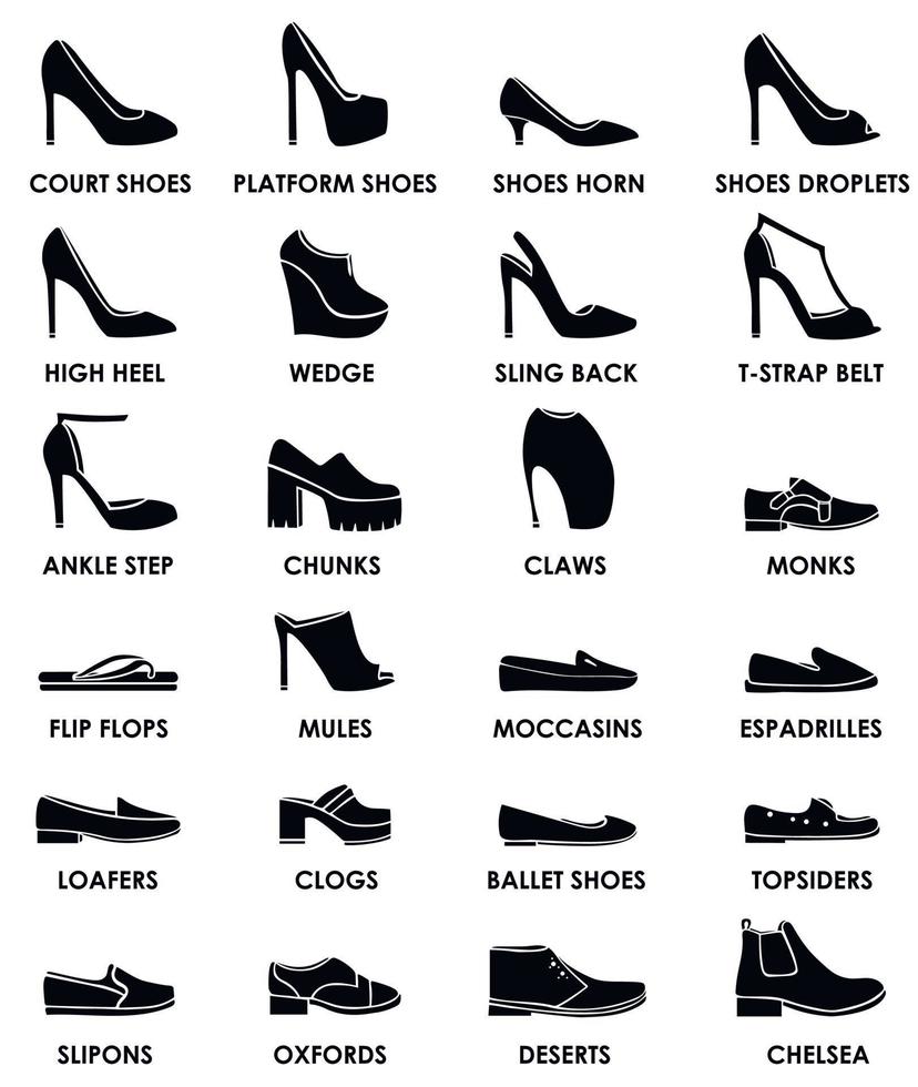 set di scarpe. tipi e stili di scarpe eseguiti come icone per il web di moda. illustrazione vettoriale. vettore