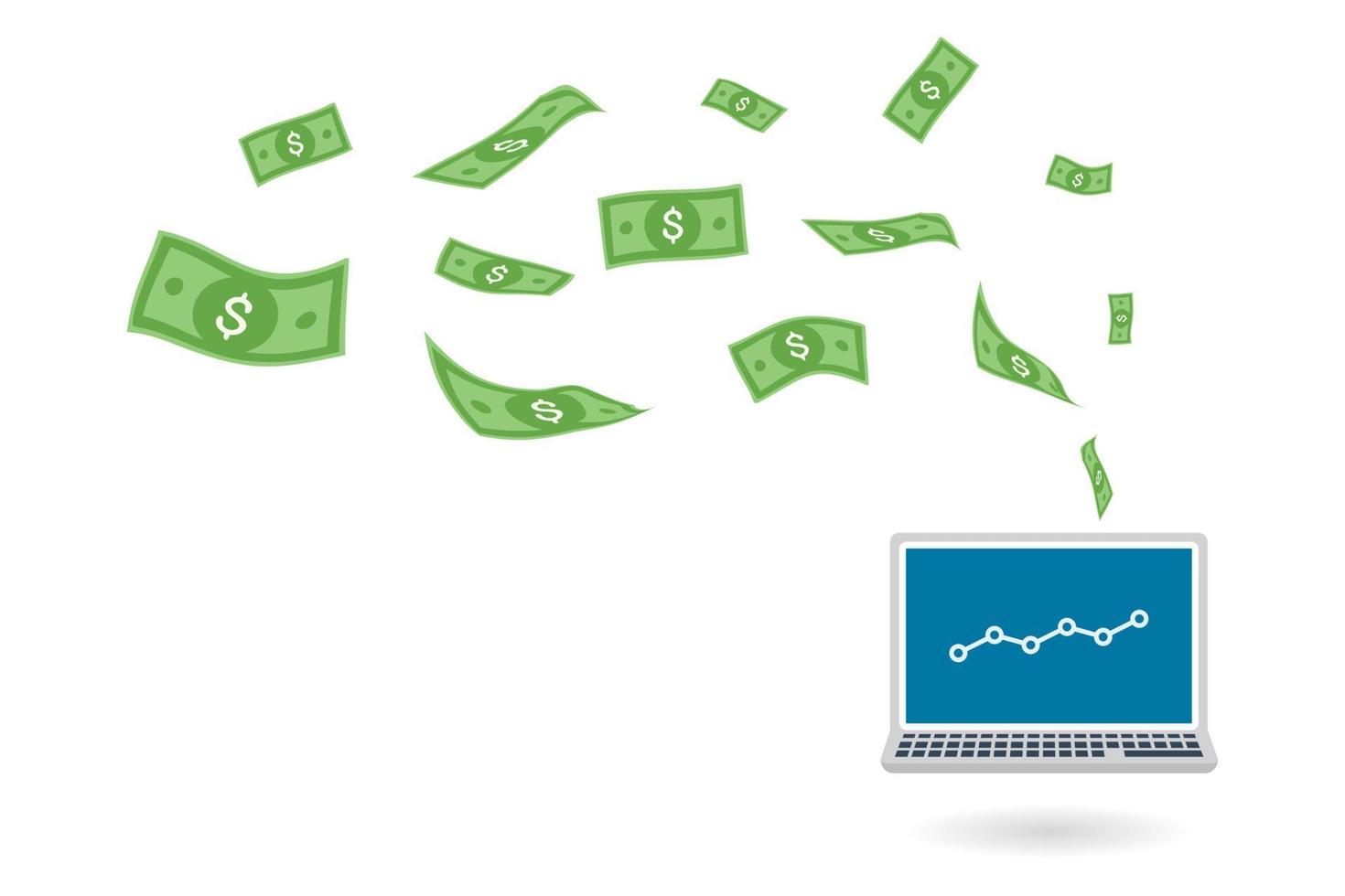 banconote da un dollaro che volano fuori dallo schermo del computer portatile per mostrare il successo di fare soldi online, illustrazione vettoriale