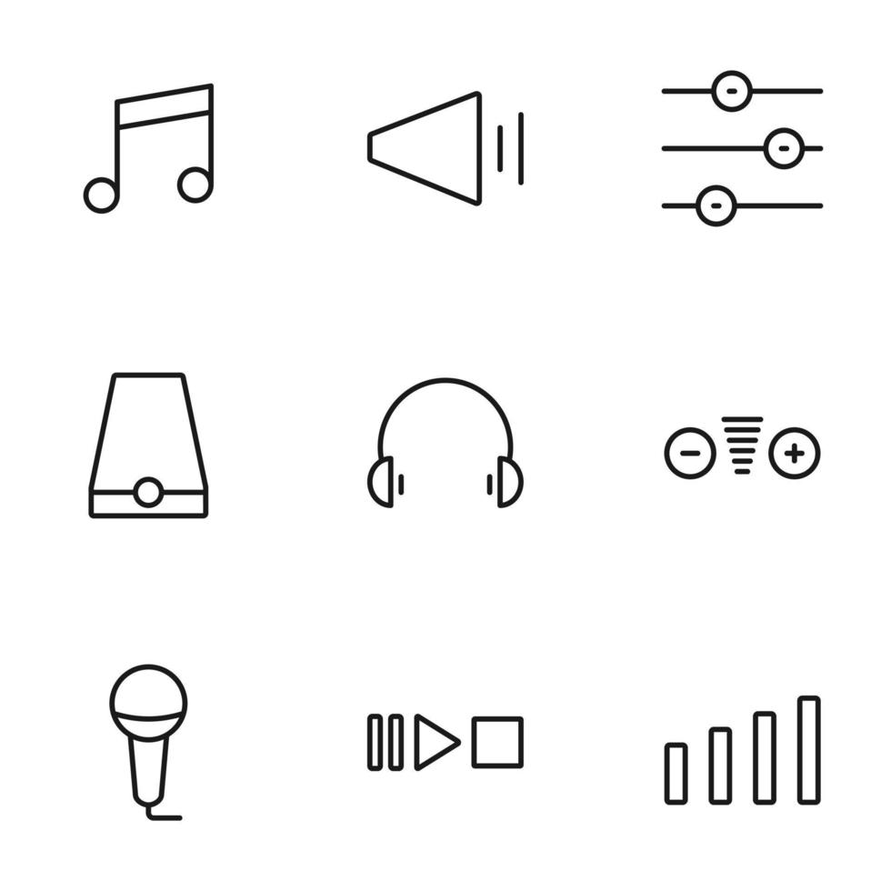 il set di icone della linea di elaborazione del volume del suono contiene cuffie, altoparlanti e altro. 64x64 pixel perfetto. illustrazione vettoriale