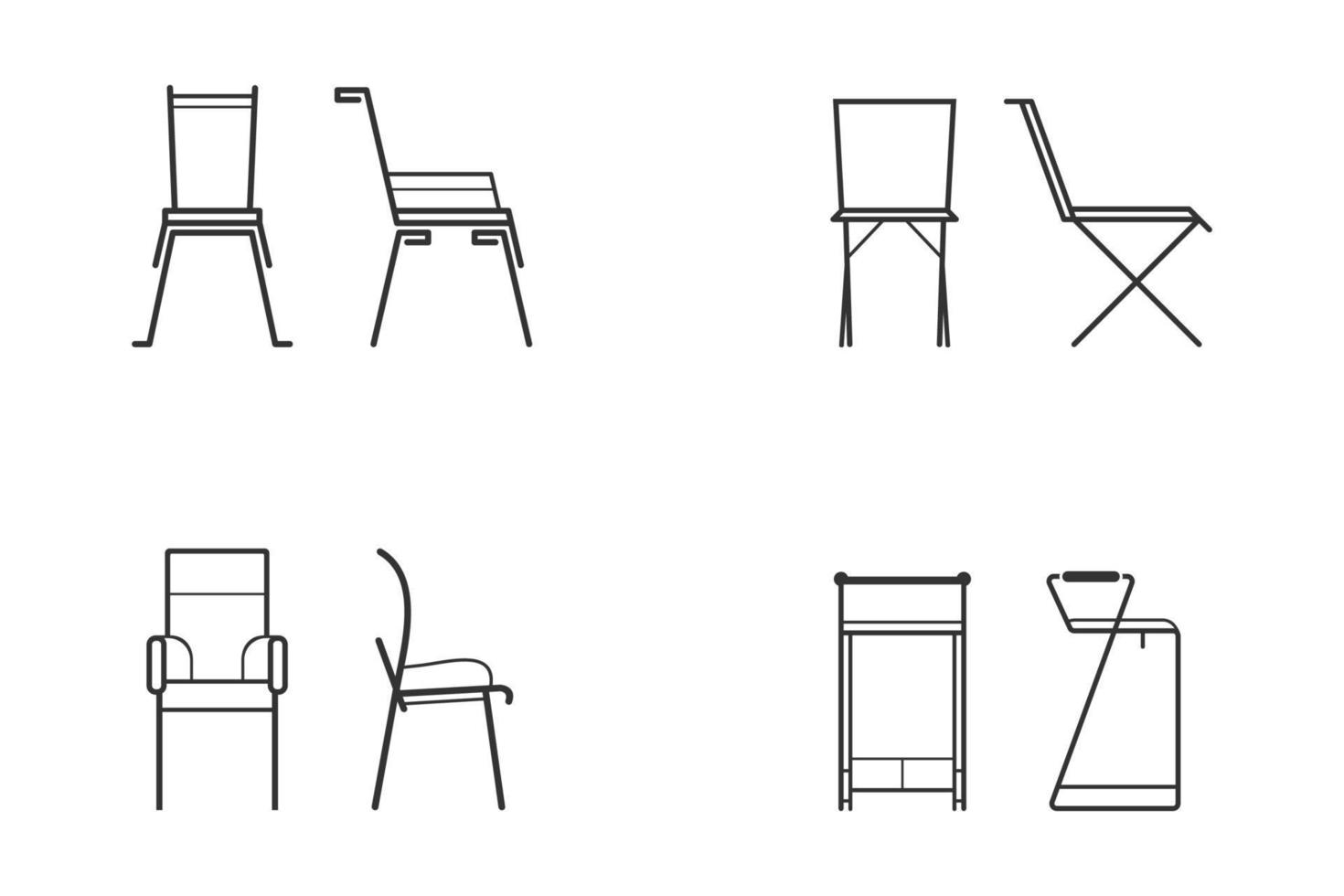 set di icone di sedia in bianco e nero astratto per soggiorno. vista frontale e laterale di diverse sedie in stile piatto, illustrazione vettoriale