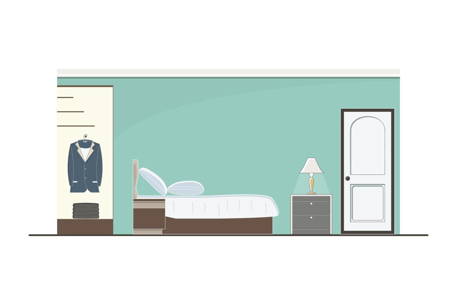 design interno della camera da letto verde con mobili, letto, guardaroba e accessori, illustrazione vettoriale