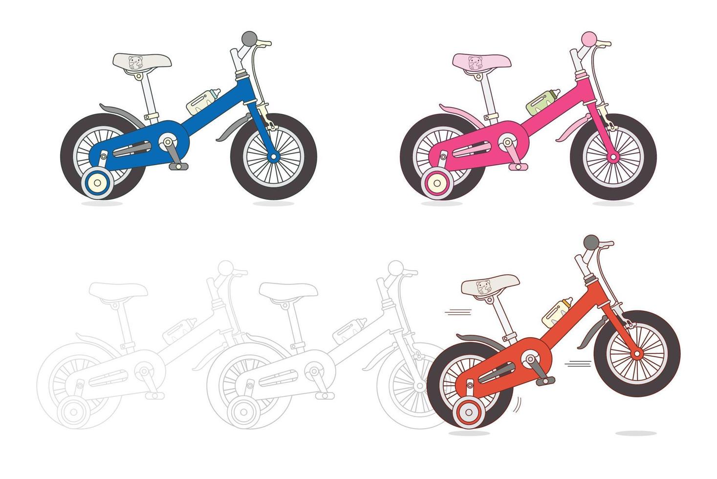 set di biciclette per bambini, silhouette di piccole biciclette isolate su sfondo bianco, giocattolo per bambini, illustrazione vettoriale