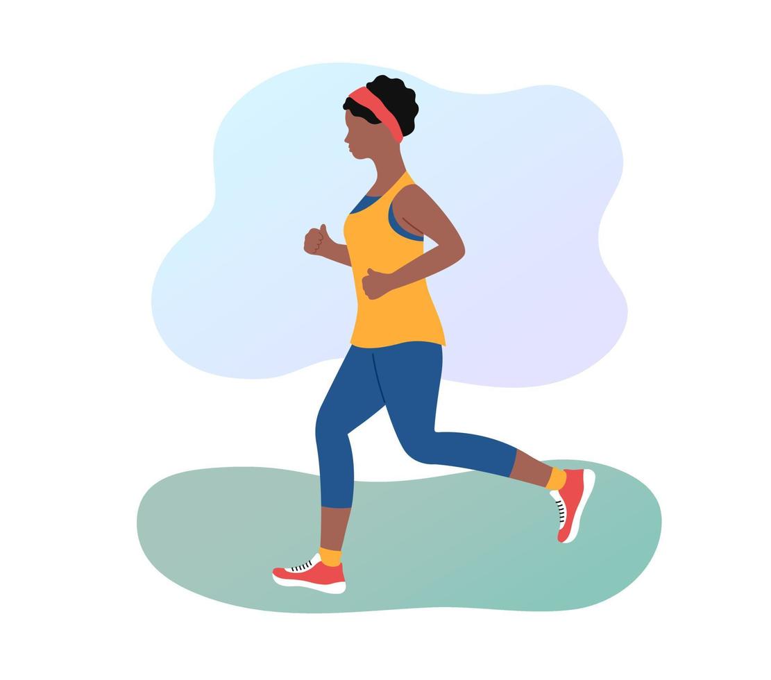donna jogging all'aperto. ragazza adulta afroamericana che corre in abbigliamento sportivo. corsa mattutina nel parco. illustrazione vettoriale piatta. stile di vita sano e concetto di fitness