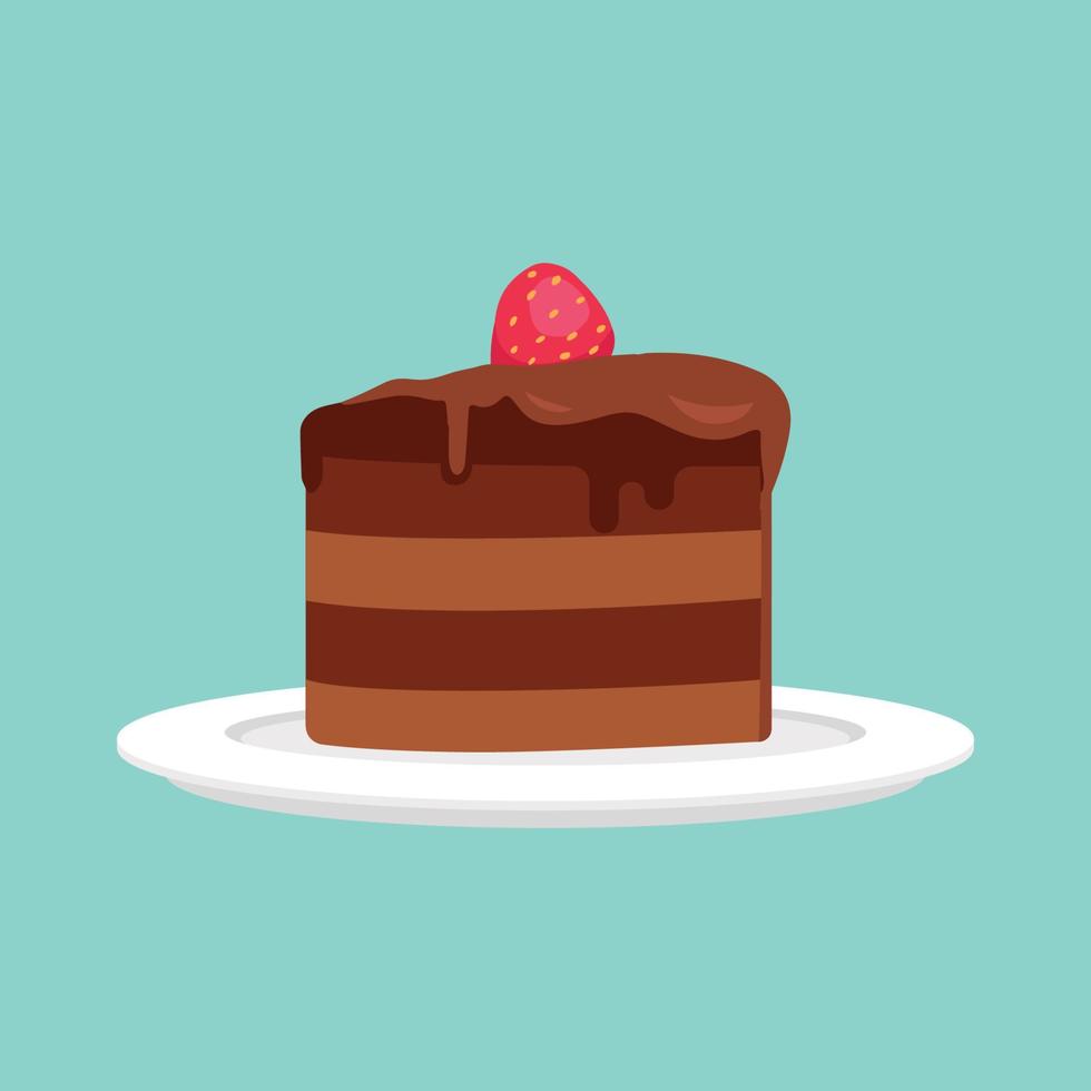 fetta di torta al cioccolato con fragola sull'icona in alto, stile moderno design piatto. illustrazione vettoriale di cheesecake