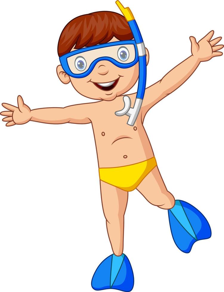 ragazzo del fumetto che si tuffa con l'attrezzatura per lo snorkeling vettore