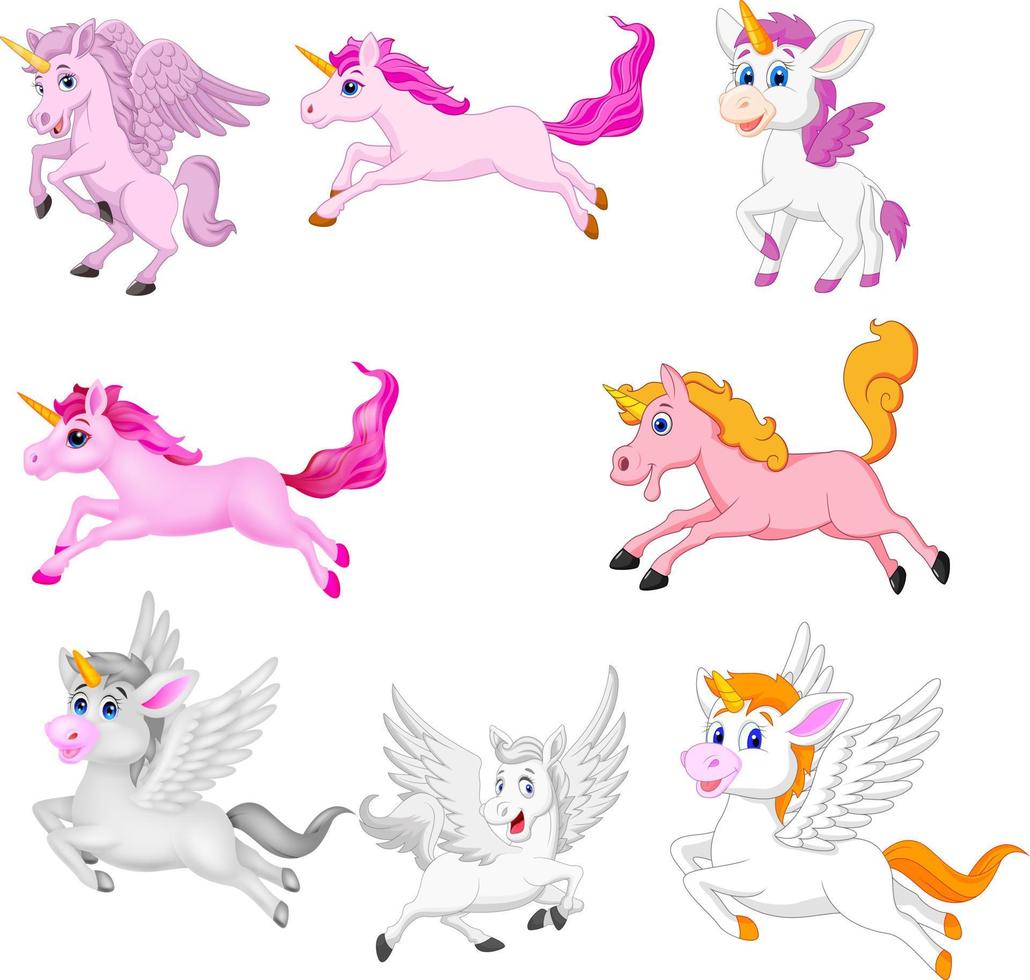 set di unicorni simpatici cartoni animati isolati su sfondo bianco vettore