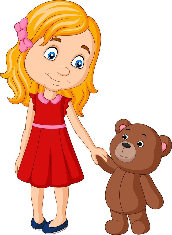 bambina del fumetto con l'orsacchiotto che tiene insieme la mano vettore