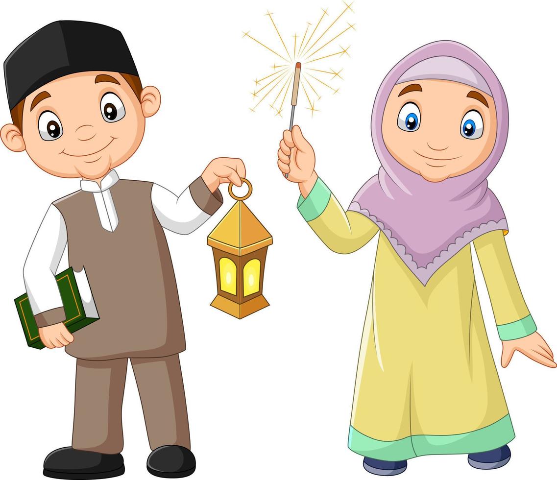 bambini musulmani felici con il libro del Corano e la lanterna del ramadan vettore
