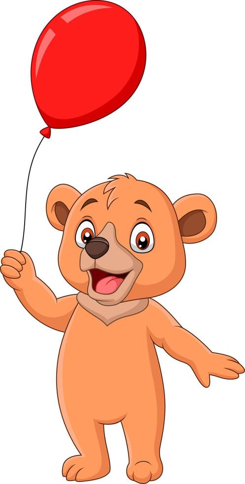 piccolo orso del fumetto che tiene un pallone rosso vettore