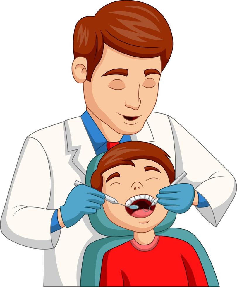 ragazzino del fumetto che fa controllare i denti dal dentista vettore