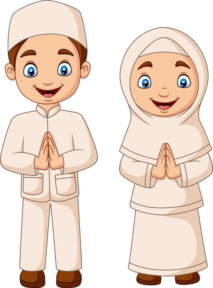 cartone animato felice bambino musulmano su sfondo bianco vettore