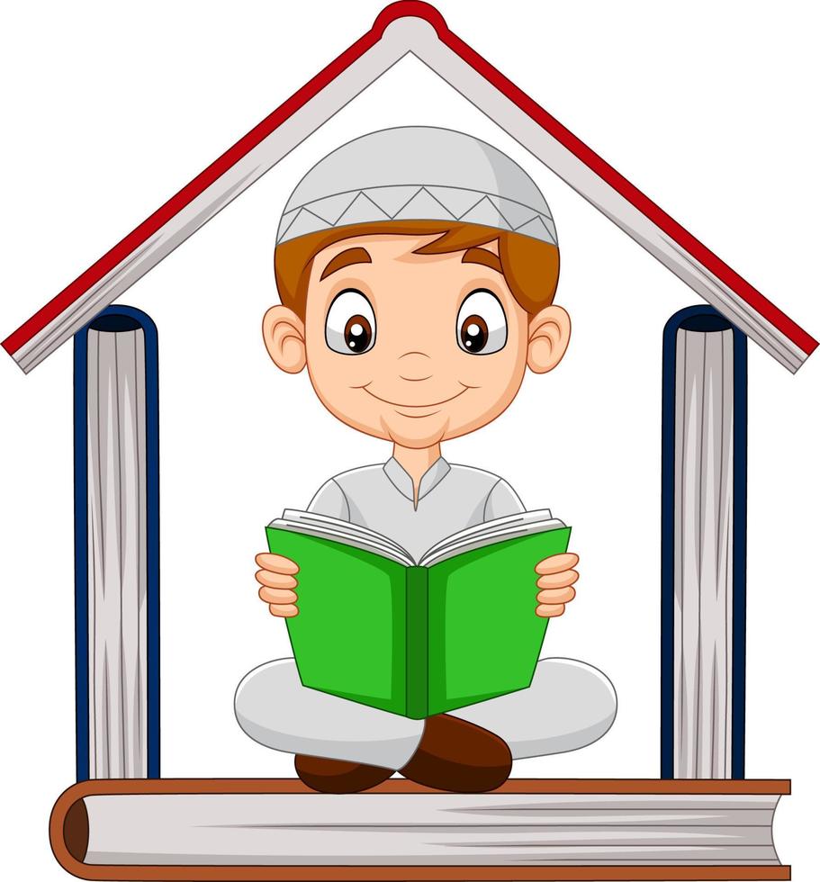 ragazzo musulmano del fumetto che legge un libro con una pila di libri che formano una casa vettore