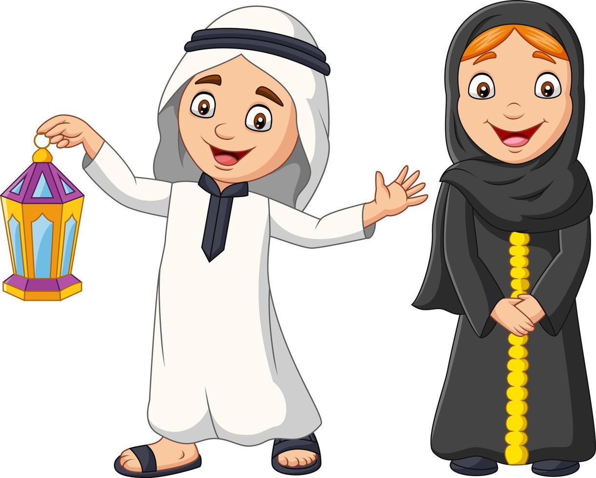 bambini musulmani arabi felici con lanterna ramadan vettore