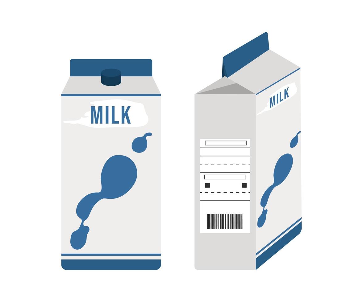 scatola di latte. illustrazione vettoriale di un semplice pacco con etichetta e codice a barre, vista frontale e laterale. Isolato su uno sfondo bianco.