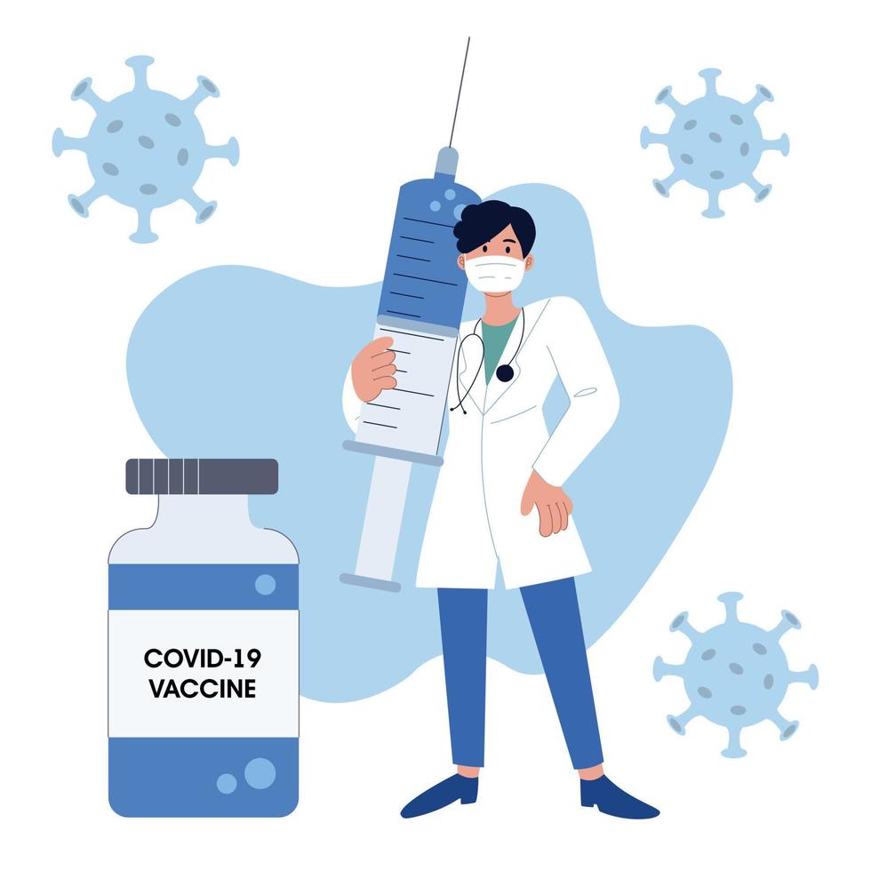 un medico con una maschera sanitaria tiene una siringa con un vaccino per proteggersi dagli agenti patogeni del coronavirus covid-19. illustrazione vettoriale. lotta contro il coronavirus. vettore