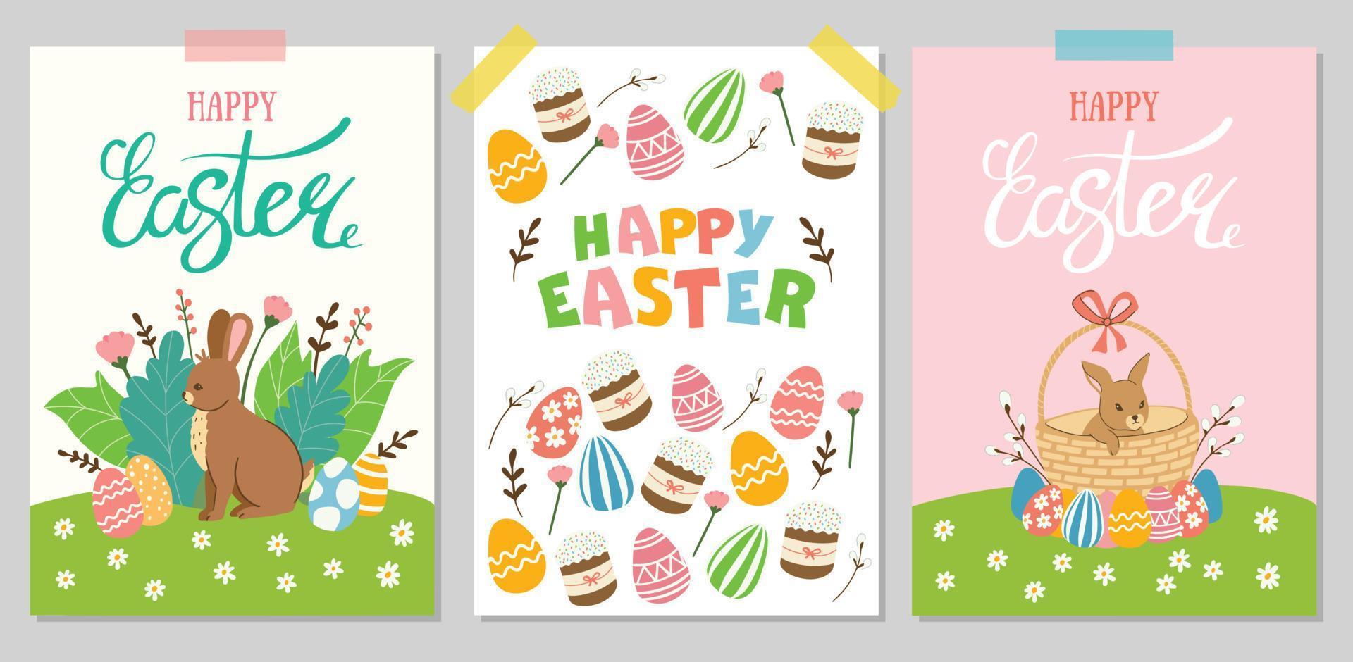 Buona Pasqua. una serie di simpatiche illustrazioni vettoriali con elementi pasquali per poster, cartoline, inviti o banner.
