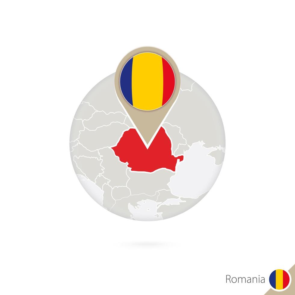 mappa e bandiera della romania in cerchio. mappa della romania, spilla della bandiera della romania. mappa della romania nello stile del globo. vettore