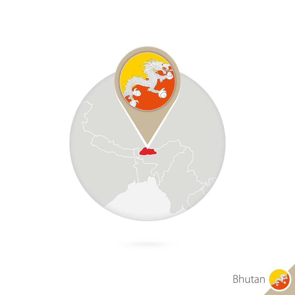 mappa del bhutan e bandiera in cerchio. mappa del bhutan, spilla della bandiera del bhutan. mappa del bhutan nello stile del globo. vettore