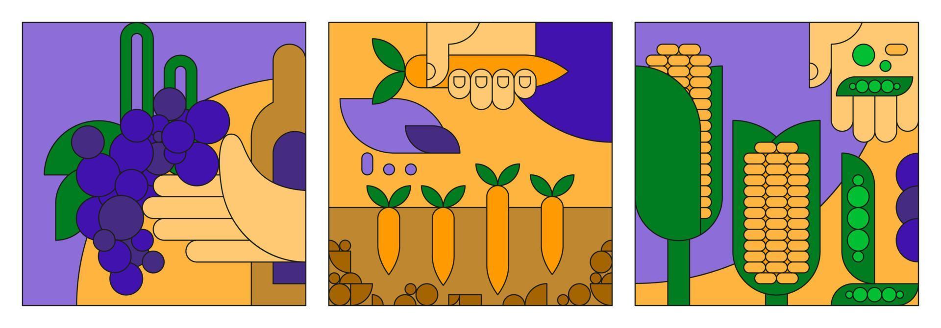 illustrazione piatta vettoriale sul tema dell'agricoltura, dell'orto e della viticoltura. simbolo stilizzato di mais, piselli, carote e uva, icona per l'agricoltura. raccolto in mano, cibo sano