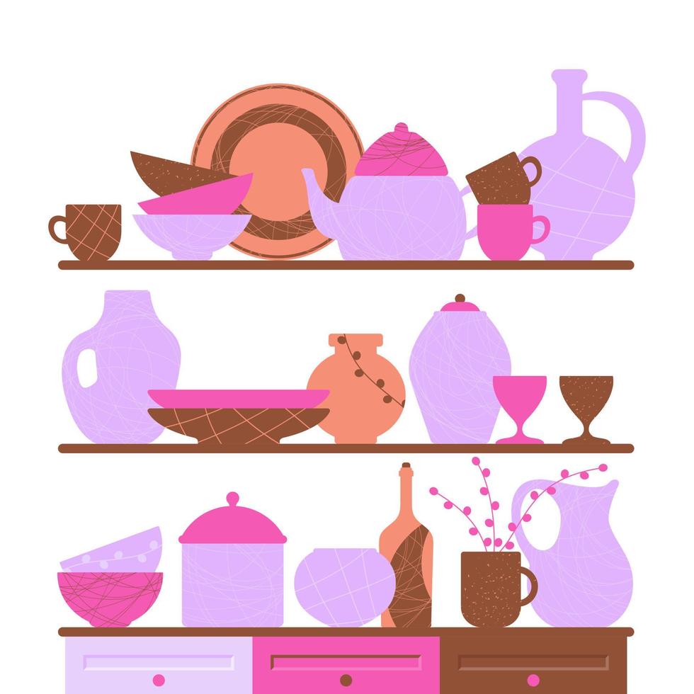 set di utensili da cucina, illustrazione vettoriale piatto carino. collezione di ciotole, piatti, vasi, piatti, tazza, teiera e brocca