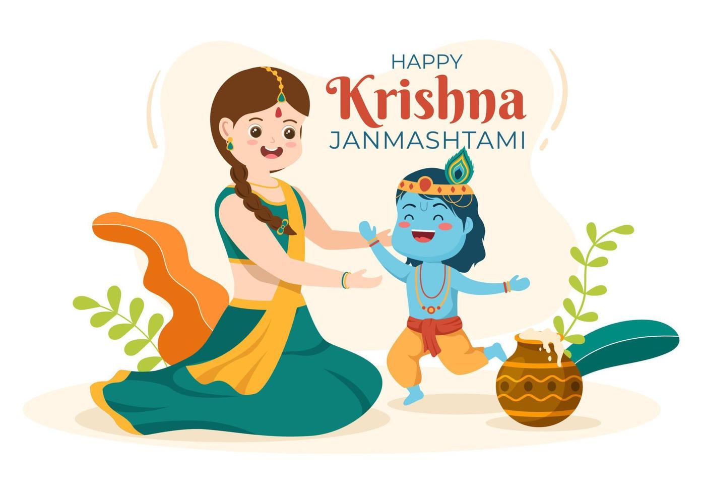 felice krishna janmashtami festival dell'india con bansuri e flauto, dahi handi e piuma di pavone in un simpatico cartone animato piatto illustrazione di sfondo vettore