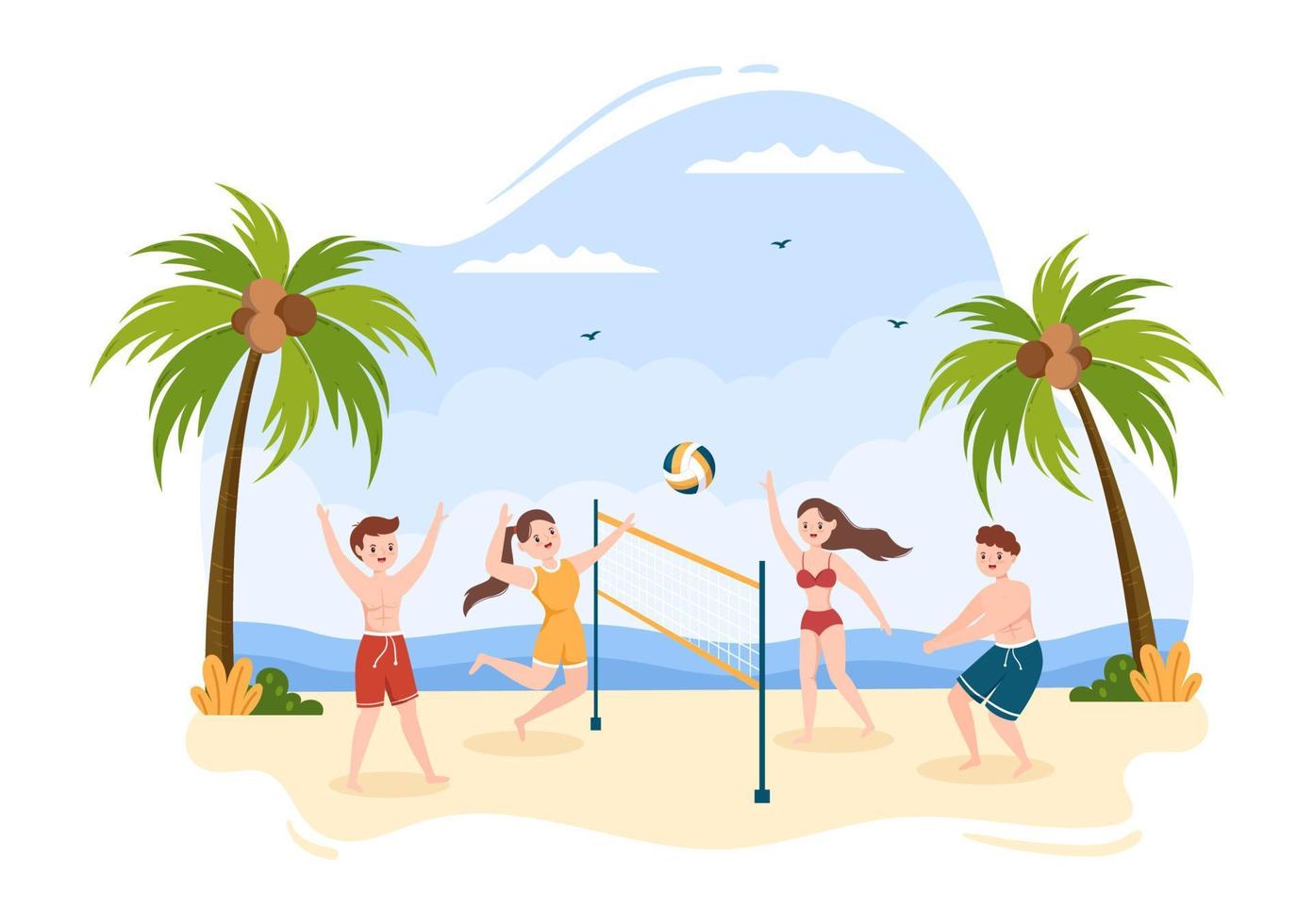 giocatore di beach volley all'attacco per serie di competizioni sportive all'aperto nell'illustrazione piana del fumetto vettore