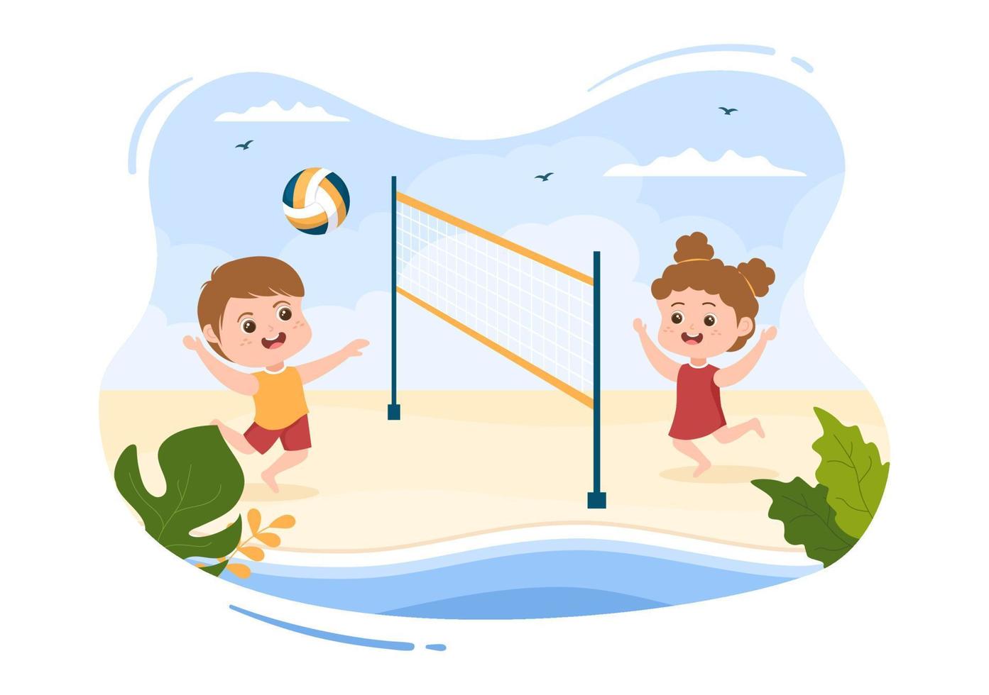 giocatore di beach volley sull'attacco per serie di competizioni sportive all'aperto nell'illustrazione piana del fumetto dei bambini svegli vettore